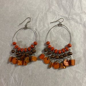 Orange and brown hoop dangle earrings